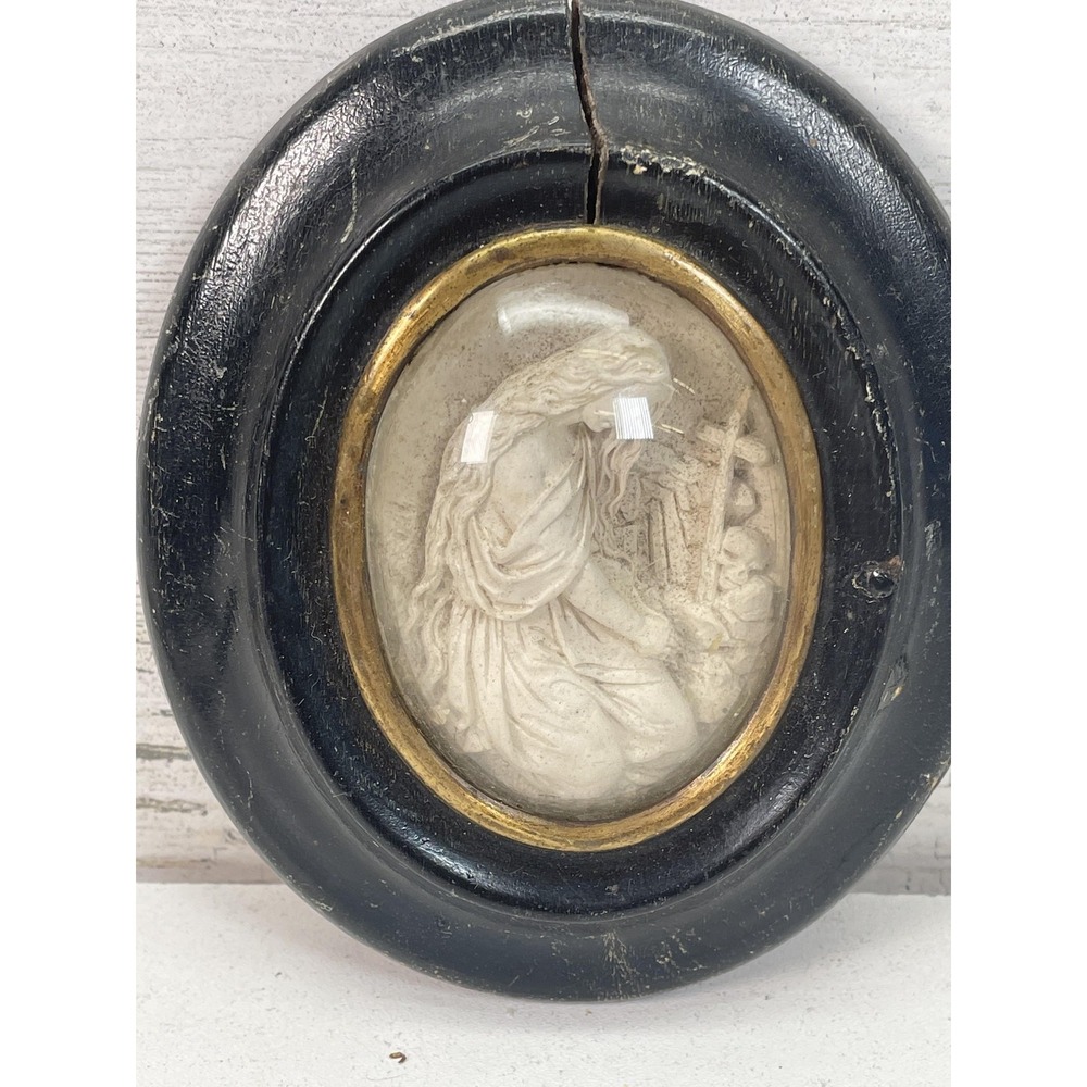Vintage Oval Religious Relief Plaque Framed Under Glass Black Gold Christian Art